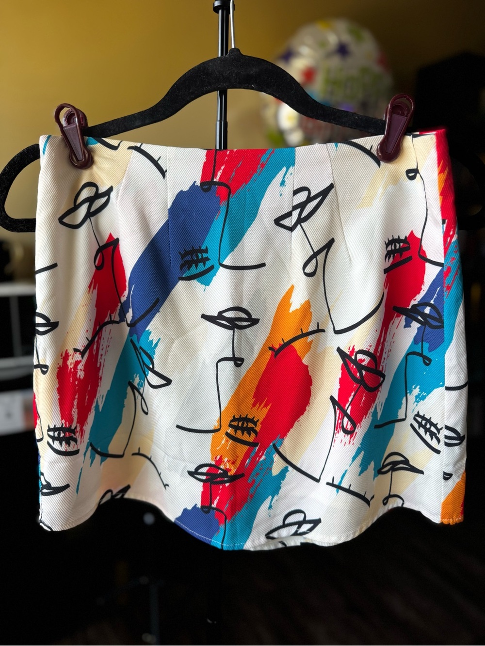 SHEIN White Mini Skirt with Red, Blue, Teal & Orange Brushstroke Print